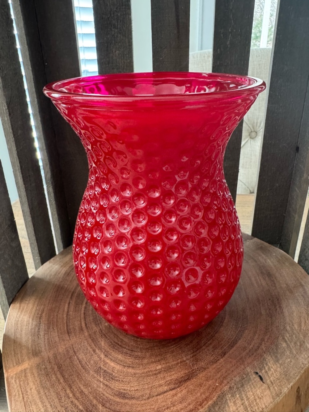 Vintage Ruby Red Debossed (indented)Textured Glass Flower Vase